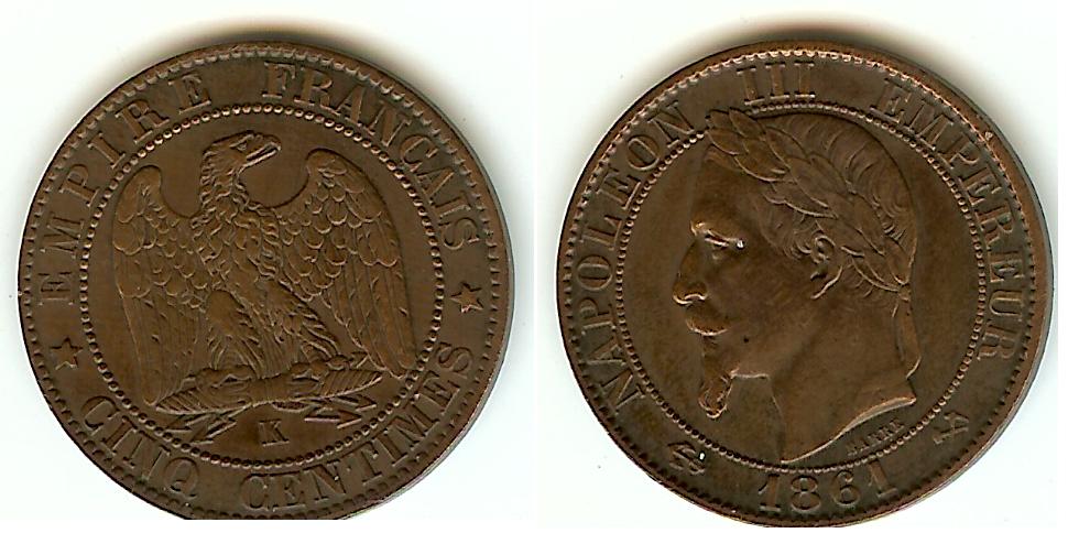 Cinq centimes Napoléon III, tête laurée 1861 Bordeaux TTB à TTB